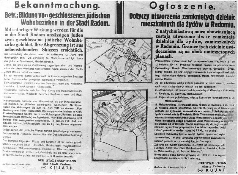 A decree published in Radom on April 3, 1941, regarding setting up a ghetto for the city's Jews.